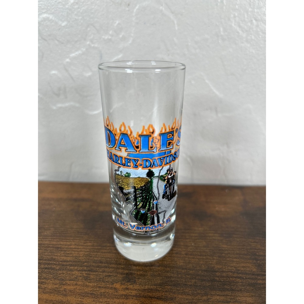 Harley Davidson Shot Glass Dales Mt Vernon IL Flame Graphic Biker Souvenir Glass